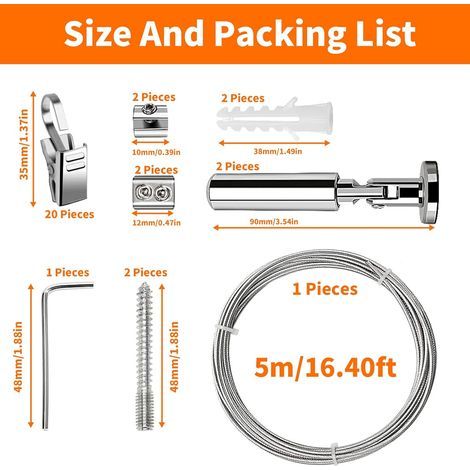 5M Kit Tringle Rideaux avec 24 Clips Métal, Câble Rideau Acier Inoxydable, Fil Suspension Métallique, Corde Photos Accrocher Contre Rouille pour Intérieur Décoration, Art Exposition, Vêtements(Argent) (1/5)