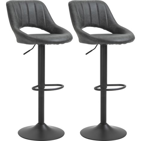 Lot de 2 tabourets pivotants réglables en hauteur 87-109cm, revêtement simili cuir noir, avec repose-pieds, dimensions 47x52cm
