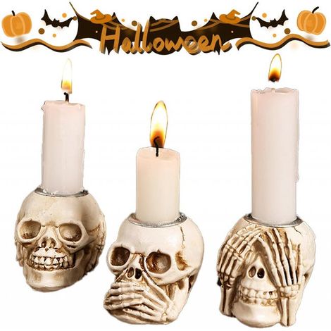 Lot de 3 bougeoirs tête de mort en résine pour Halloween, idéal pour les décorations de fête（Bougies chauffe-plat non incluses） (1/5)