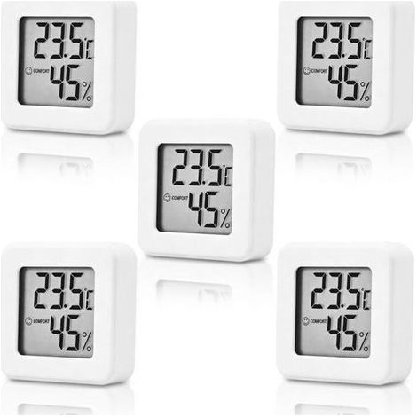 Lot de 5 Mini Thermomètres Hygromètres Numériques LCD, Capteur Température et Humidité Intérieure Haute Précision, Affichage ℃/℉ avec Indicateur de Confort, Idéal pour Chambre Bébé, Maison et Bureau (1/5)