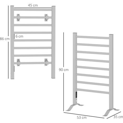 Sèche-serviettes électrique 150 W, fixation murale ou sur pied, 8 barres chauffantes, minuterie 2-4 heures, 53 x 35 x 90 cm, argent (1/5)