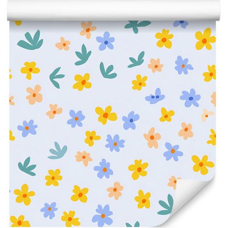 Papier peint fleuri blanc, crème et bleu azur pour salon et chambre 50x1000 cm (1/5)