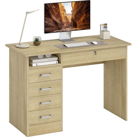 Bureau informatique HOMCOM avec 5 tiroirs, grand plateau, 1 compartiment ouvert, tiroir verrouillable, 110 x 50 x 76cm, chêne