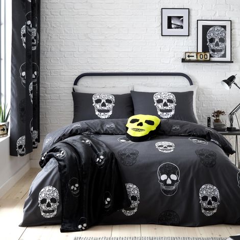 Parure de lit réversible avec Housse de Couette et taies d'oreiller Motif têtes de Mort Gris (1/5)