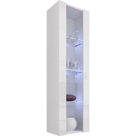 Vitrine murale verticale avec LED – Meuble de rangement 40x170x29cm – 3 compartiments – Finition brillante blanche – Système d'ouverture push-click – Lettiemobili