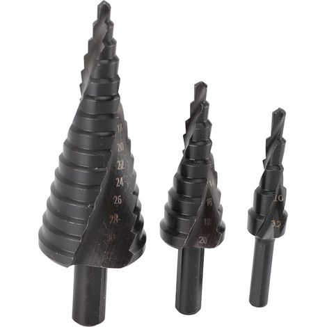 Lot de 3 forets à étages spiralés coupe-trou conique 4-32 mm acier rapide HSS pour perçage plaque alu métal bois (1/5)
