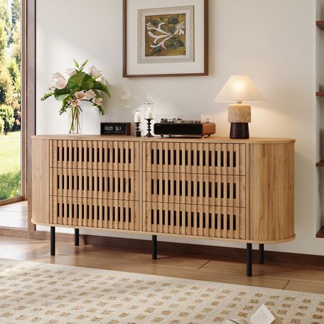 Buffet 160x40x70 cm 6 tiroirs design à lames ajourées, structure MDF, pieds en métal, bois - naturel (1/5)