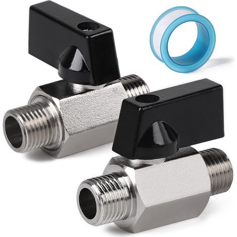 2 x Robinets à Tournant Sphérique Mini 1/4" Mâle x 1/4" Mâle, Vanne à Boisseau Sphérique en Laiton Nickelé avec Ruban (1/5)