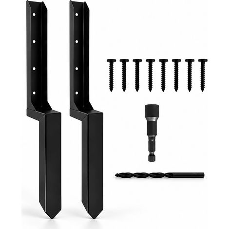 Relaxdays kit réparation poteau clôture, lot de 2, 85,4 cm, ancrage poteau incliné, support acier noir (1/5)