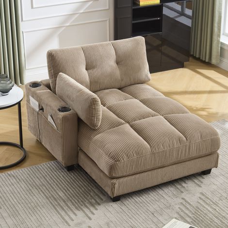 Fauteuil Lounge avec USB et Porte-Gobelets, Accoudoirs Réversibles, Coussin, Appui-Tête, en Velours Côtelé Khaki