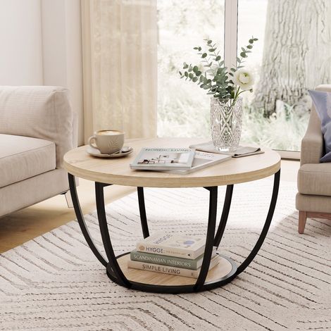 Table basse ronde pour salon avec étagère de rangement et structure en métal, 80 x 80 x 43,8 cm, chêne (1/5)