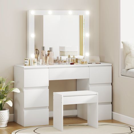 Tocador de maquillaje estilo Hollywood con espejo, 8 luces LED, 7 cajones y taburete acolchado, color blanco. (1/5)