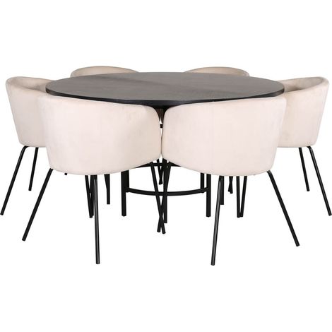 Copenhagen Essgruppe Esstisch braun und 6 Berit Esszimmerstühle Velour beige.