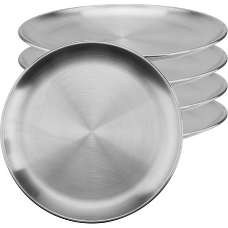 Edelstahl-Speiseteller-Set, 5-teilig, 20 cm Durchmesser, silberfarbene Metallteller, runde Teller, rostbeständig (1/5)