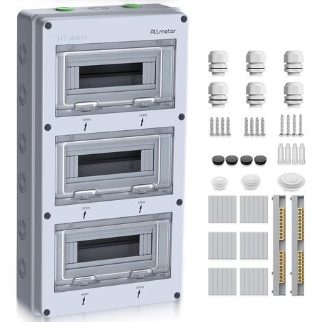 Tableau électrique 3 rangées Pour 36 modules, Coffret Electrique Etanche IP65, Boîte à Fusibles Distributeur en Saillie avec Terminaux et Rails Intégrés pour Logement et Jardin (1/5)