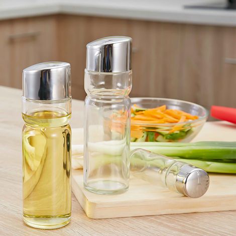 Ensemble de bouteilles d'assaisonnement, support à condiments, distributeurs d'huile et de vinaigre 4 en 1, salière, poivrière, burette en verre avec support pratique, dessus en acier inoxydable (1/5)