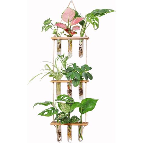 Jardinière suspendue en bouteille écologique, avec cadre en bois, vase à trois niveaux en forme de tube à essai, pot de fleurs suspendu vintage en verre, jardinière hydroponique (1/4)
