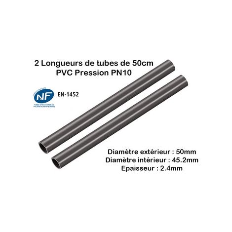 Lot de 2 Barres Tuyau Rigide Tube PVC Pression PN10 50mm : Longueur 50cm / Piscine et bassins