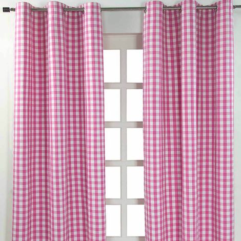 HOMESCAPES Cotton Pink Block Check Gingham Eyelet Curtains 137 x 182 cm