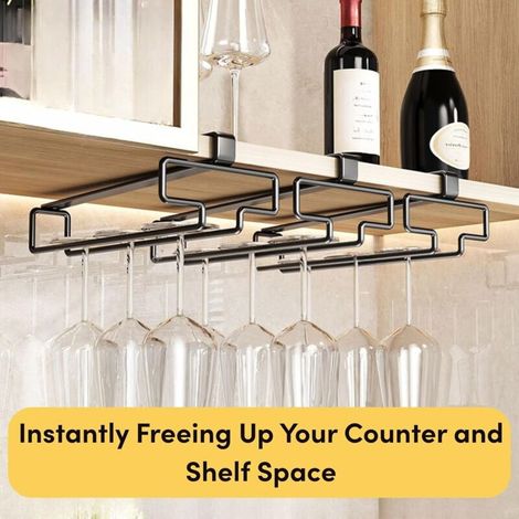 Wine Glass Rack, 2-Piece Stemware Holder for Cabinets, Under-Cabinet Wine Glass Rack, Kitchen Hanging Storage Rack, Black (for Partition Thickness Less Than 2.54 cm) ... (1/4)
