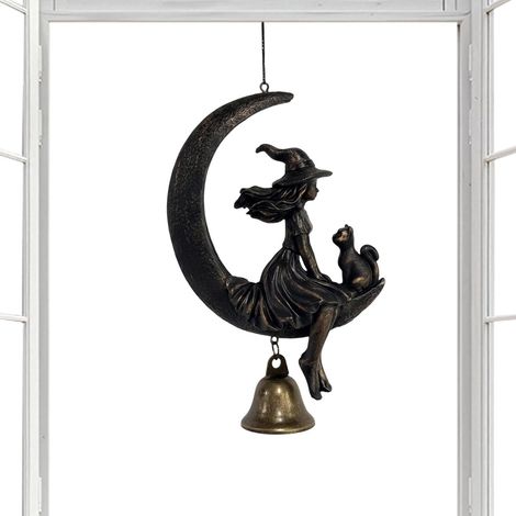 Carillon À Vent Sorcière Décoration Pendante en Résine Gothique Vintage Accroche Sorcière Et Son Chat Avec Clochette Convient Pour Cour, Fenêtre, Balcon, La Porte D'Entrée, Salon, Patio, Jardin (1/5)