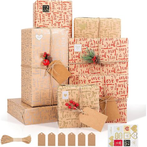 Kraft Gift Wrap, 6 Sheets Metallic Heart-Shaped Wrapping Paper with Tags and Gift Ribbon, Gift Wrapping Paper for Valentine's Day, Birthday, Wedding - 3 Love Styles - 70x50CM (1/5)