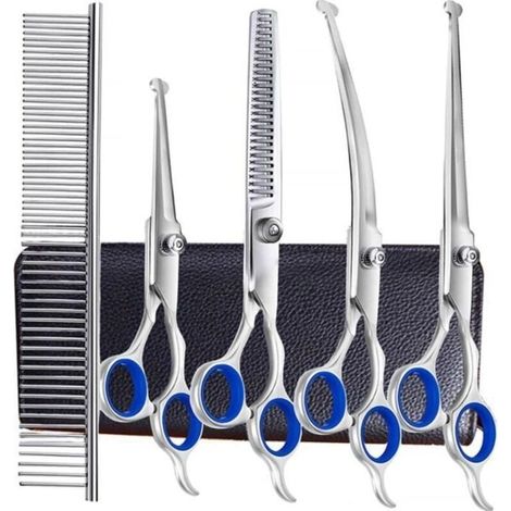 (Blue, White) Grooming Scissors - Professional - 6-in-1 - Stainless Steel - For Dogs and Cats - Blue (1/3)