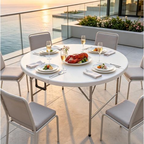 Table de jardin pliante ronde Ø122 cm, 6 places, plateau en HDPE facile à nettoyer, structure en métal, charge jusqu'à 80 kg, pour terrasse, balcon ou camping – CHICFURN (1/5)
