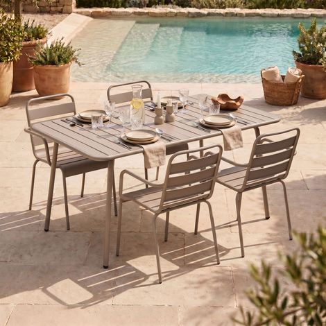 Ensemble table de jardin + 4 fauteuils en métal taupe - BACA (1/5)