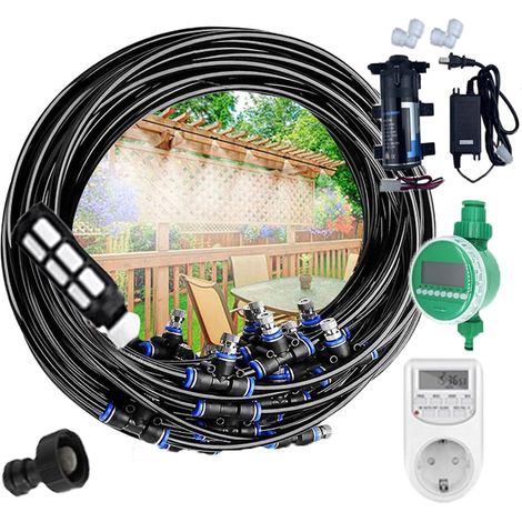 Système De Brumisation - 50M - Tuyau PU Et Laiton - Avec Minuterie Et Pompe - Pour Jardin Et Terrasse - Noir