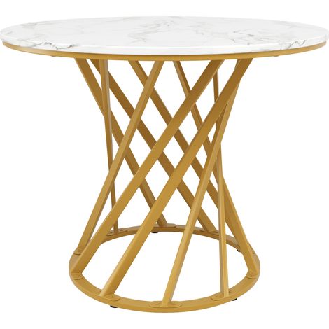 Mesa de comedor redonda 80 x 80 x 76 cm, tablero MDF efecto mármol y patas de metal doradas, HOMVRA (1/5)