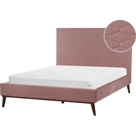 Letto Imbottito in velluto rosa Testiera Imbottita a Doghe 140 x 200 cm Bayonne