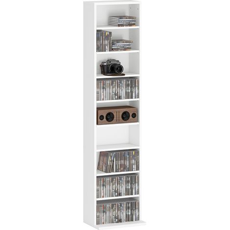 Étagère à CD et DVD avec étagères réglables, design étroit et système anti-basculement pour 260 CD, 33 x 24 x 140 cm, blanche (1/5)