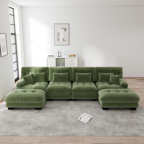 Divano lineare effetto nuvola da soggiorno, divano 4 posti in ciniglia con 2 poggiapiedi e 6 cuscini, senza montaggio - Verde
