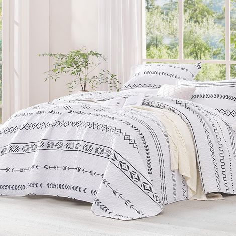 Parure de lit 3 pièces (1 Couette imprimée bohème et 2 taies d'oreiller), Couvre-lit d'été bohème léger réversible en Microfibre pour Grand lit (228,6 x 243,8 cm), Blanc (1/5)
