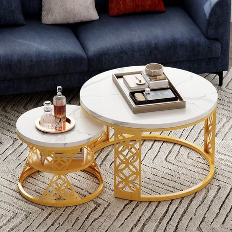 Couchtisch-Set 70x70x45 cm / 45x45x37 cm Weiß-Gold Metall mit Marmoroptik und platzsparendem Design (1/5)