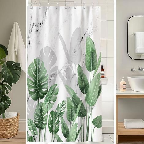Rideau Douche Anti Moisissure, Rideau de Douche 120x180cm Effet Marbre Gris Tropical Feuilles de Palmier Vert Rideaux de Baignoire Tissu Lavable Imperméable Rideaux de Bain avec 8 Crochets - 120L X 18 (1/5)