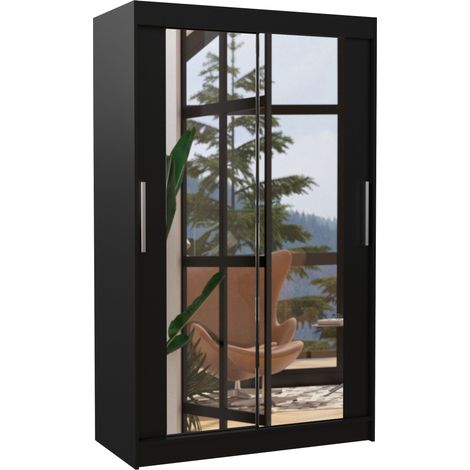 Les Tendances – Armoire moderne noire 120x200cm – 2 portes coulissantes miroir – Penderie et étagères réglables – Fabrication européenne (1/5)