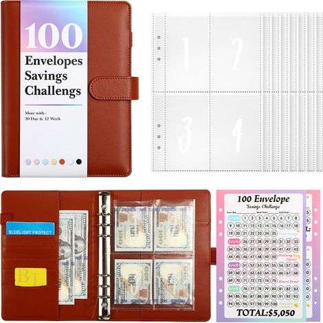 1 classeur d'épargne, défi des 100 enveloppes, simili cuir bleu, feuille de suivi plastifiée, 100 pochettes PVC pré-numérotées (1/5)