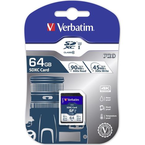 Verbatim Pro - 64 Go - SDXC - Classe 10 - UHS - 90 Mo/s - 45 Mo/s (47022)