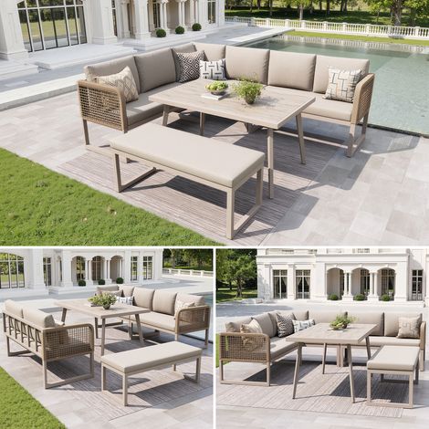 Salon de jardin 6-8 places, coussins haut de gamme, rotin PE tressé, résistant aux intempéries, beige (1/5)