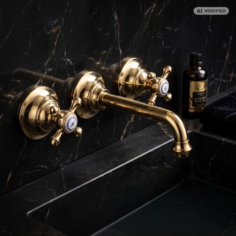 PaulGurkes Robinet de lavabo encastré 2 trous Retro Or Brillant Mélangeur Vintage