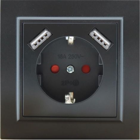 IluminaShop - Enchufe Empotrable Tipo F Schuko Con Doble USB Negro 16A IP20 Serie wLine