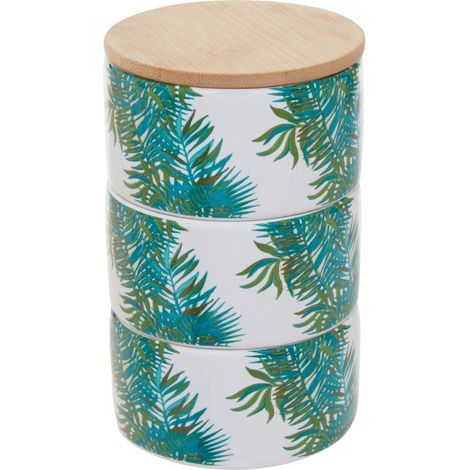 Interiors By Premier Palm Set of Three Stackable Canisters,Stoneware Containers With Palm Leaf Pattern,Canisters With Bamboo Lids (1/5)