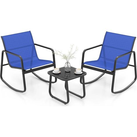 Ensemble bistrot bleu 3 pièces en métal avec 2 fauteuils à bascule et table en verre trempé pour terrasse, balcon et jardin