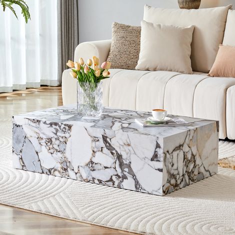 Table basse rectangulaire 90x50x30 cm en MDF blanc, prête à l'emploi pour salon – MEUBLIV (1/5)