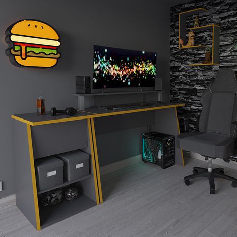 Jugendzimmer Set mit Gaming Schreibtisch, Regal und Wandregal, in anthrazit mit orange, ZADAR-10 (1/5)