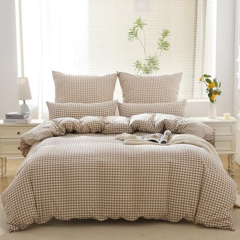 Housse de Couette 220x240 Coton Carreaux - Beige Vichy