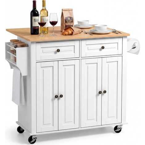 Îlot Central Desserte Cuisine à Roulettes Meuble Rangement avec Plateau Rabattable 2 Tiroirs 111cm Blanc (1/5)