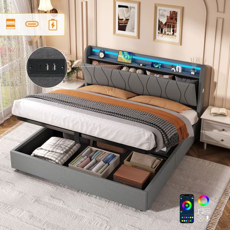 5ft King Upholstered Bed Frame with Hydraulic Storage, LED Headboard with Charging Station and Concealed Headboard Storage, USB and Type - C Ports, Linen, No Box Spring Needed, Grey (No Mattress)